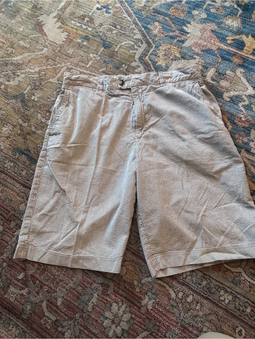 Lacoste Men’s Seersucker Flat Front Shorts — Light Blue & White